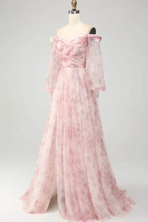 Blush Flower A-Line Off The Shoulder Print Prom Dress With Slit
