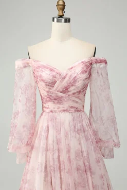 Blush Flower A-Line Off The Shoulder Print Prom Dress With Slit