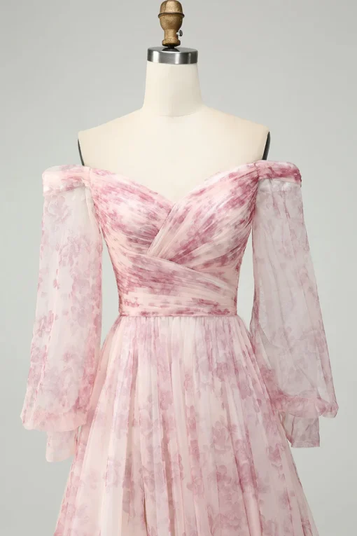 Blush Flower A-Line Off The Shoulder Print Prom Dress With Slit