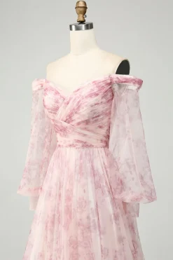 Blush Flower A-Line Off The Shoulder Print Prom Dress With Slit