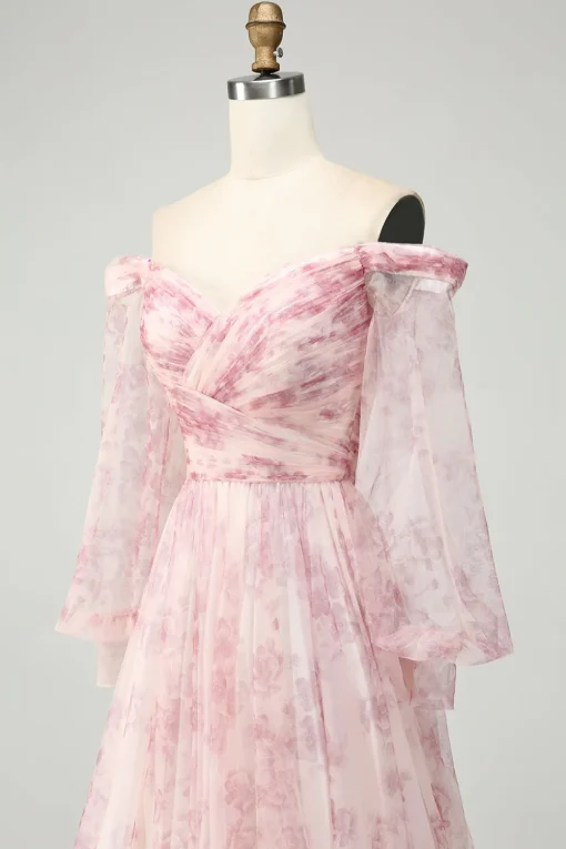 Blush Flower A-Line Off The Shoulder Print Prom Dress With Slit