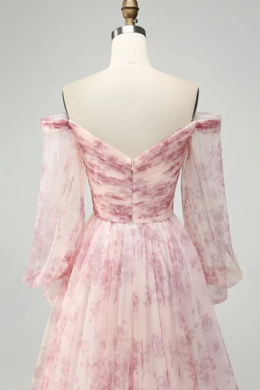 Blush Flower A-Line Off The Shoulder Print Prom Dress With Slit