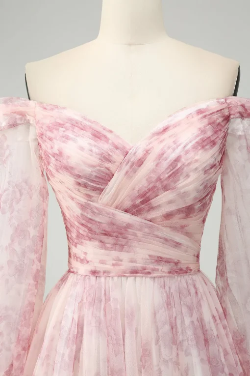 Blush Flower A-Line Off The Shoulder Print Prom Dress With Slit