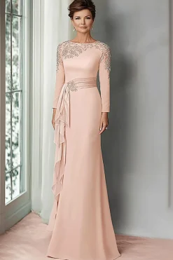 Blush Lace Sheath Mother Of The Bride Dress with Long Sleeves