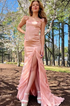 Blush Mermaid Spaghetti Straps Long Prom Dress with Slit