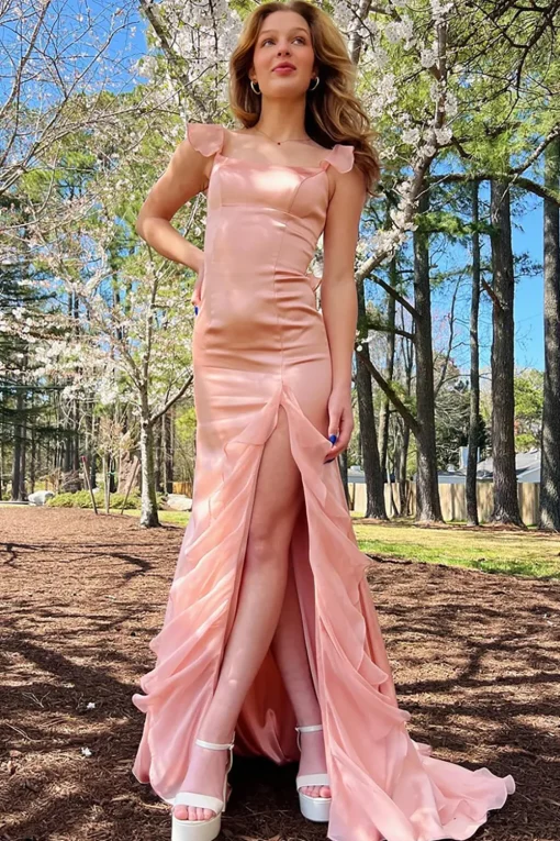 Blush Mermaid Spaghetti Straps Long Prom Dress with Slit
