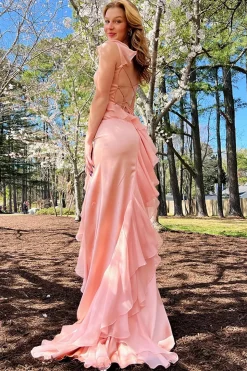 Blush Mermaid Spaghetti Straps Long Prom Dress with Slit