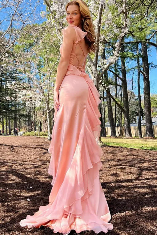 Blush Mermaid Spaghetti Straps Long Prom Dress with Slit