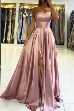 Blush Satin A-line Simple Prom Dress with Slit