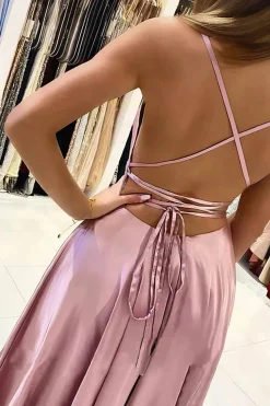 Blush Satin A-line Simple Prom Dress with Slit