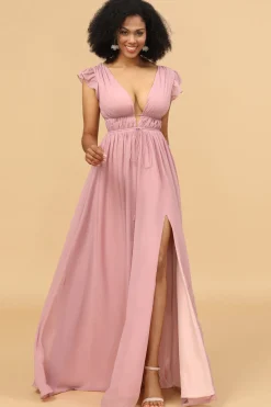 Blush V-Neck Long Chiffon Bridesmaid Dress