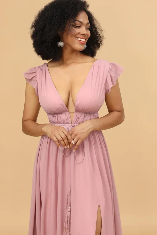 Blush V-Neck Long Chiffon Bridesmaid Dress