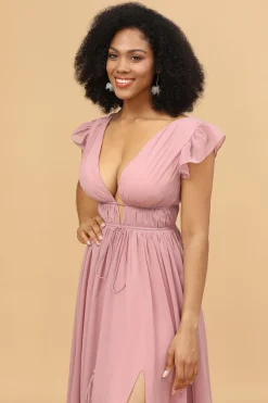 Blush V-Neck Long Chiffon Bridesmaid Dress