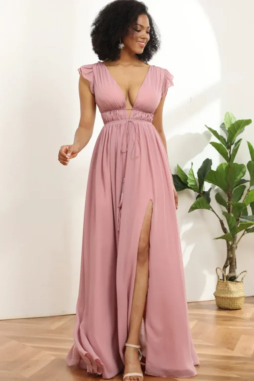 Blush V-Neck Long Chiffon Bridesmaid Dress