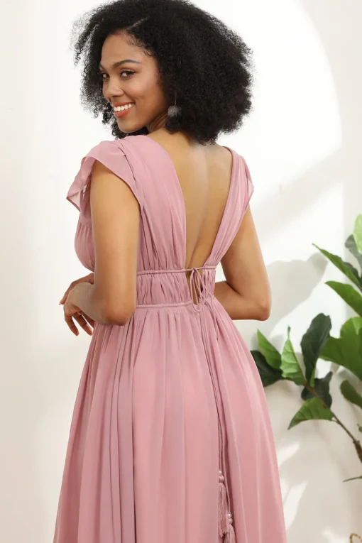 Blush V-Neck Long Chiffon Bridesmaid Dress