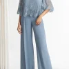 Boat Neck Grey Blue Chiffon 1/2 Sleeves Loose Mother Dress with Lace Upper