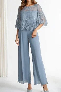 Boat Neck Grey Blue Chiffon 1/2 Sleeves Loose Mother Dress with Lace Upper
