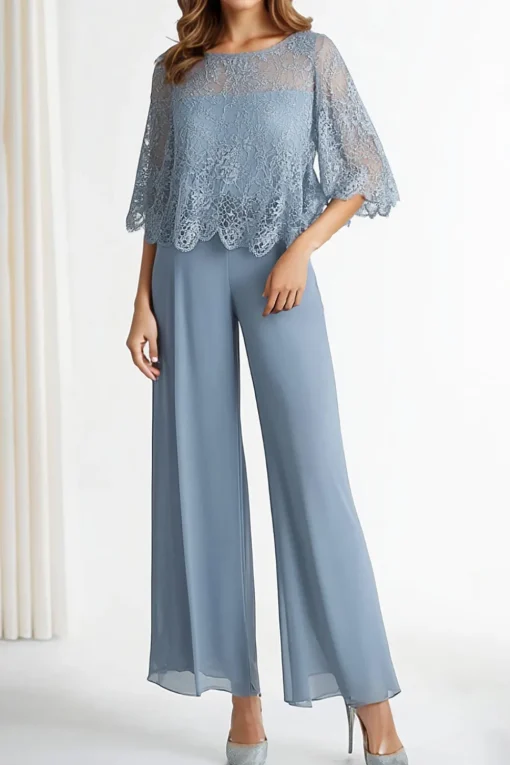 Boat Neck Grey Blue Chiffon 1/2 Sleeves Loose Mother Dress with Lace Upper