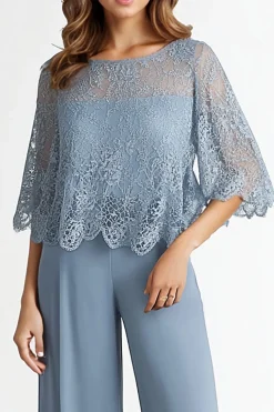 Boat Neck Grey Blue Chiffon 1/2 Sleeves Loose Mother Dress with Lace Upper