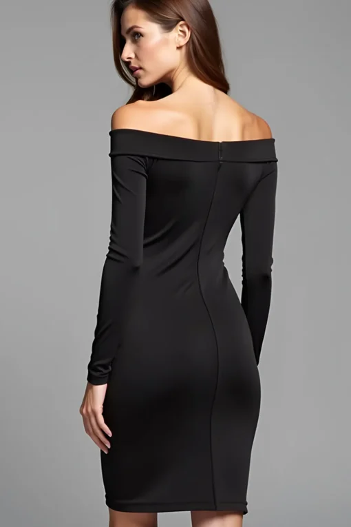 Bodycon Knee Length Long Sleeves Off The Shoulder Black Tie Dress