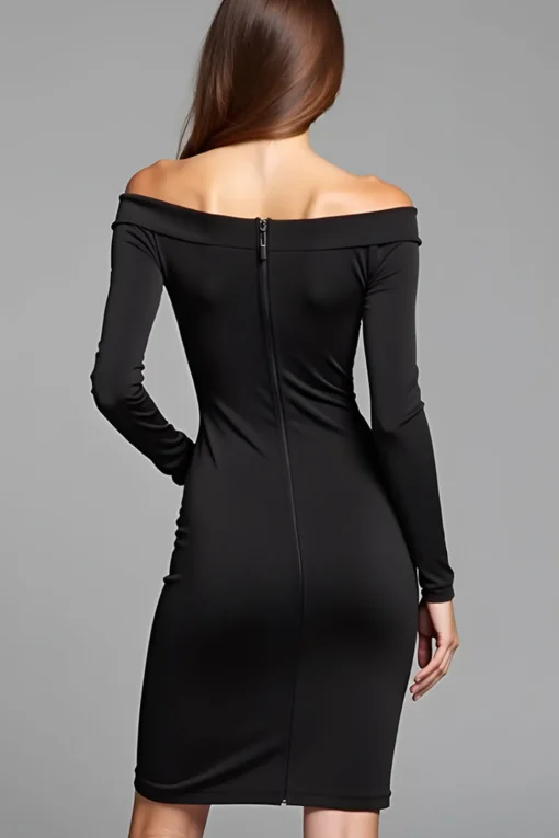 Bodycon Knee Length Long Sleeves Off The Shoulder Black Tie Dress