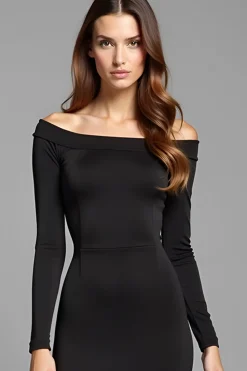 Bodycon Knee Length Long Sleeves Off The Shoulder Black Tie Dress