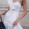 Bodycon One Shoulder Mini White Graduation Dress with Ruffle