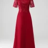 Burgundy A Line Round Neck Sparkly Sequin Mother of Bride Dress With Appliques