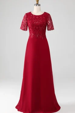 Burgundy A Line Round Neck Sparkly Sequin Mother of Bride Dress With Appliques