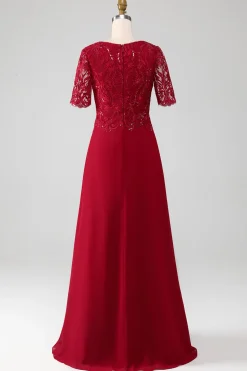 Burgundy A Line Round Neck Sparkly Sequin Mother of Bride Dress With Appliques