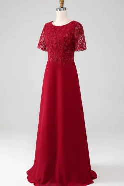 Burgundy A Line Round Neck Sparkly Sequin Mother of Bride Dress With Appliques