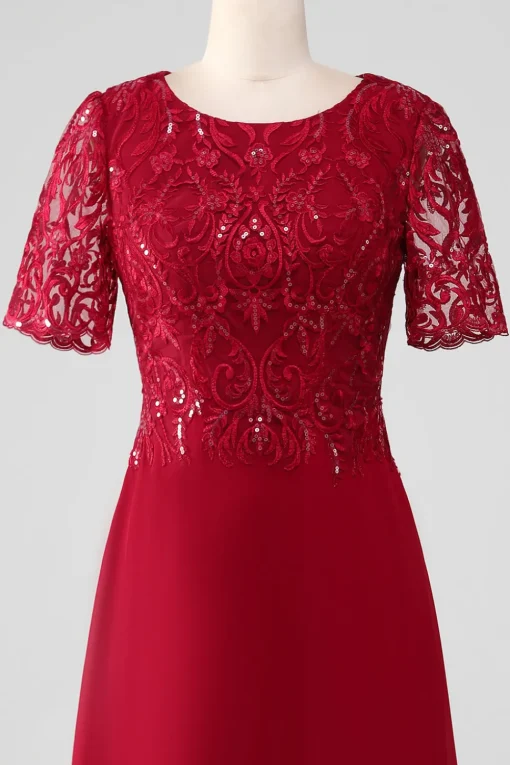 Burgundy A Line Round Neck Sparkly Sequin Mother of Bride Dress With Appliques