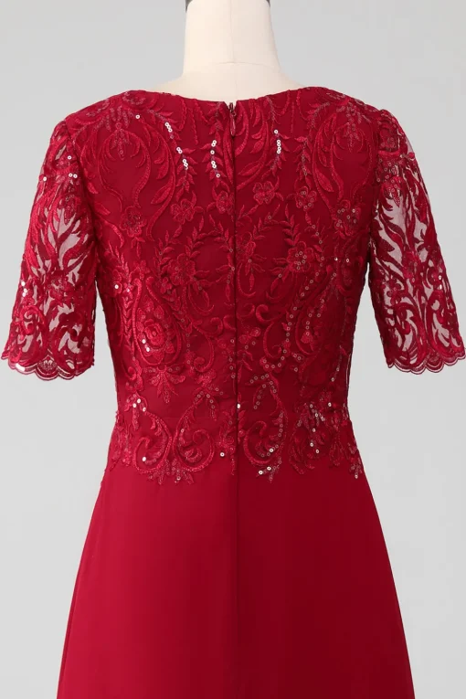 Burgundy A Line Round Neck Sparkly Sequin Mother of Bride Dress With Appliques