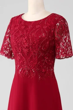 Burgundy A Line Round Neck Sparkly Sequin Mother of Bride Dress With Appliques