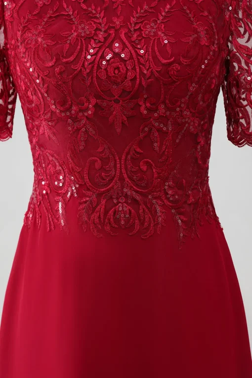 Burgundy A Line Round Neck Sparkly Sequin Mother of Bride Dress With Appliques