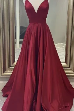 Burgundy A Line Satin Prom Dress with Lace-up Back