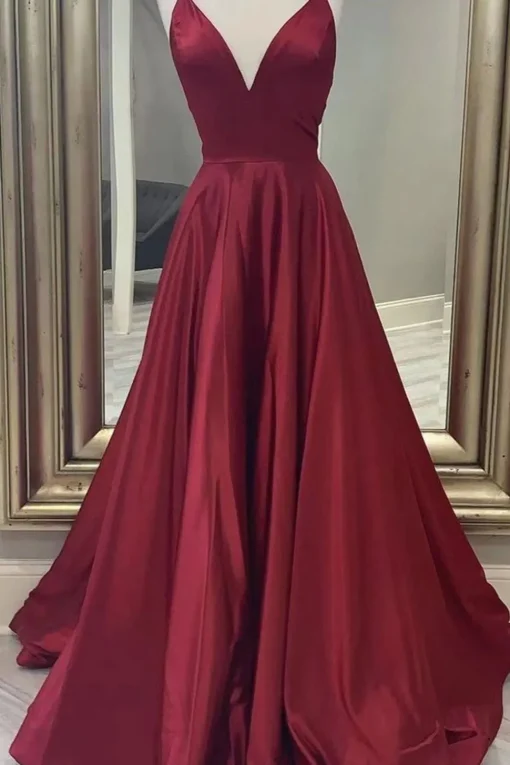 Burgundy A Line Satin Prom Dress with Lace-up Back