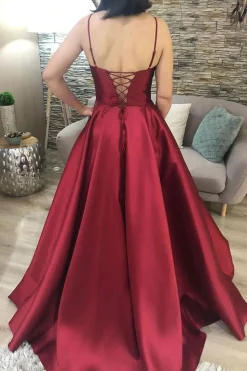 Burgundy A Line Satin Prom Dress with Lace-up Back