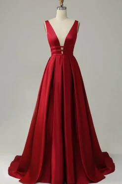 Burgundy A Line Satin Simple Prom Dress