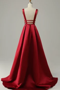 Burgundy A Line Satin Simple Prom Dress