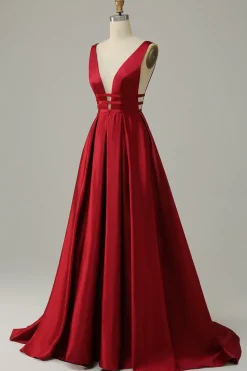 Burgundy A Line Satin Simple Prom Dress