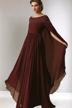 Burgundy A-Line Chiffon Round Neck Long Mother of the Bride Dress with Wrap