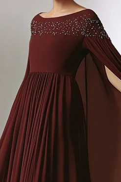 Burgundy A-Line Chiffon Round Neck Long Mother of the Bride Dress with Wrap