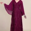 Burgundy Batwing Sleeves Beaded Mother of the Bride Dress