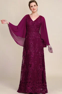 Burgundy Batwing Sleeves Beaded Mother of the Bride Dress