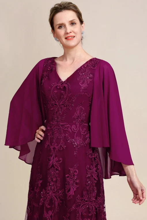 Burgundy Batwing Sleeves Beaded Mother of the Bride Dress
