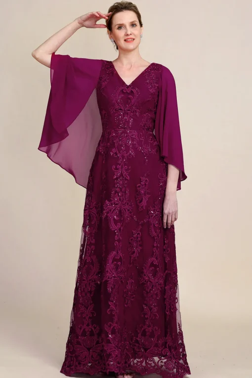 Burgundy Batwing Sleeves Beaded Mother of the Bride Dress