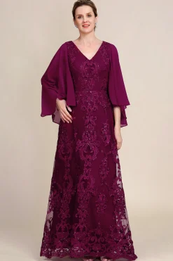 Burgundy Batwing Sleeves Beaded Mother of the Bride Dress