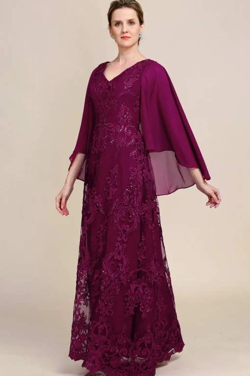 Burgundy Batwing Sleeves Beaded Mother of the Bride Dress