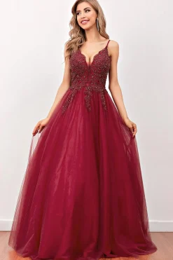 Burgundy Beaded Long Prom Dress
